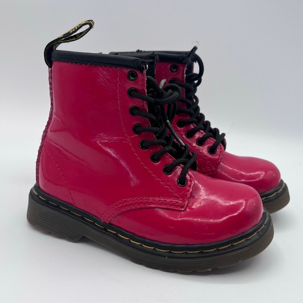 Dr. Martens Brooklee Kids Boots Size 7 US Pink Patent Leather Combat Lace Up Zip